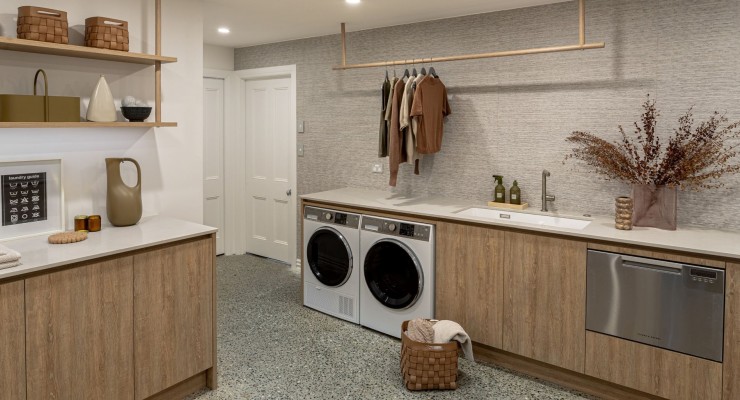 basement laundry with integrated laundry hampers hidden timber look design FINAL